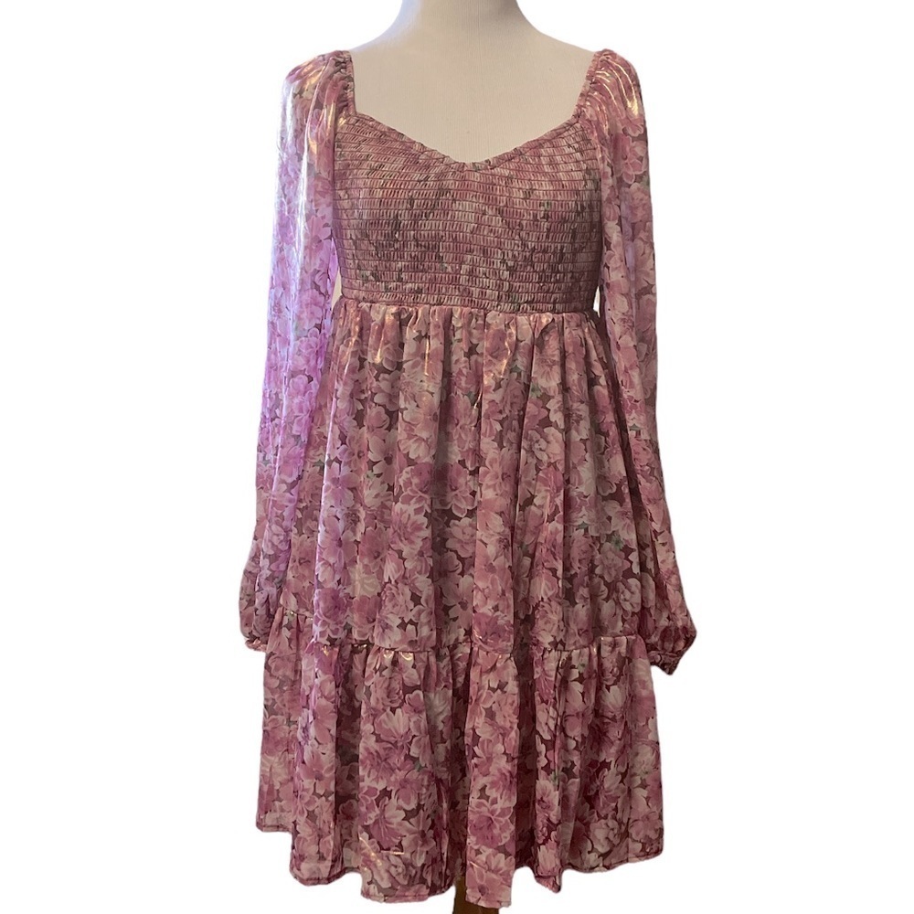 Crystal doll pink floral long sleeve dress with elasticized bust